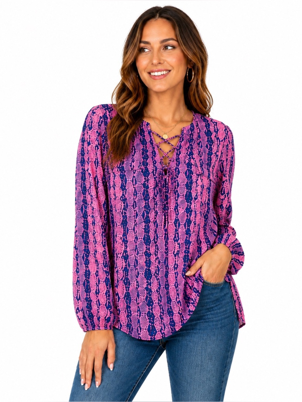 Buddy Love Pink Blue Reptile Print Lace Up Tunic Blouse Large